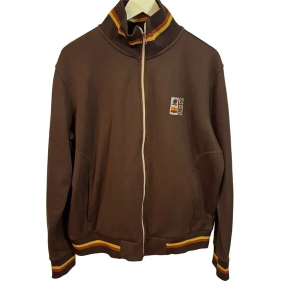 Vintage Mossimo Brown Yellow Zip Up 70's Show Look Jacket Zip Up Sz L Unisex - Picture 2 of 14